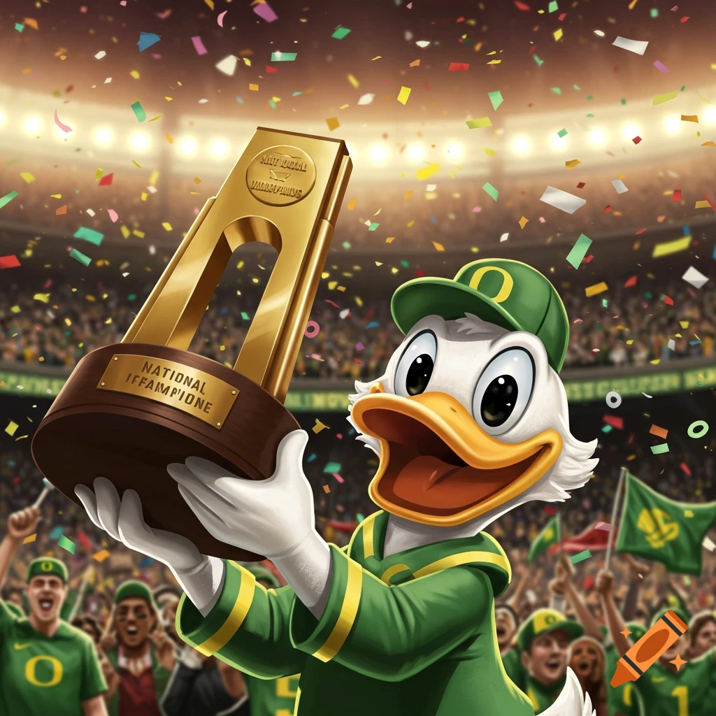 A cartoon duck wearing a green cap and jersey holds up a golden championship trophy in a cheering stadium with confetti falling.