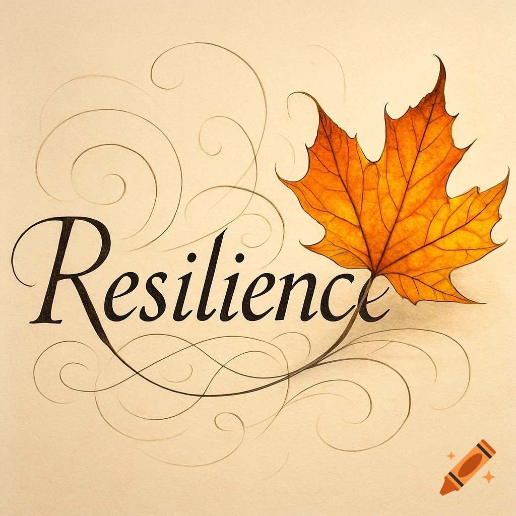 The word "Resilience" in elegant script with an orange maple leaf and decorative swirls.