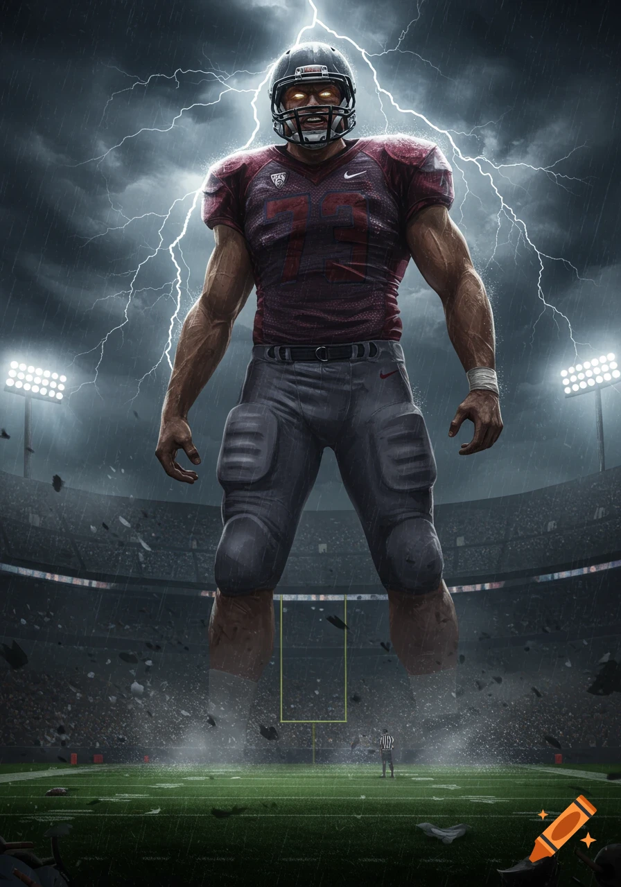 A giant football player with glowing eyes stands powerfully in a stormy stadium with lightning, rain, and debris.