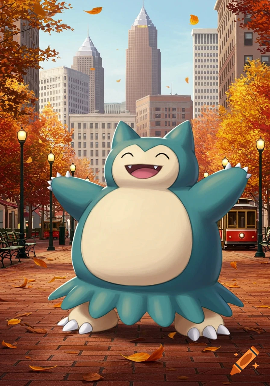 A happy Snorlax, a large blue and beige Pokemon, stands in an autumn city park with fall leaves and tall buildings.