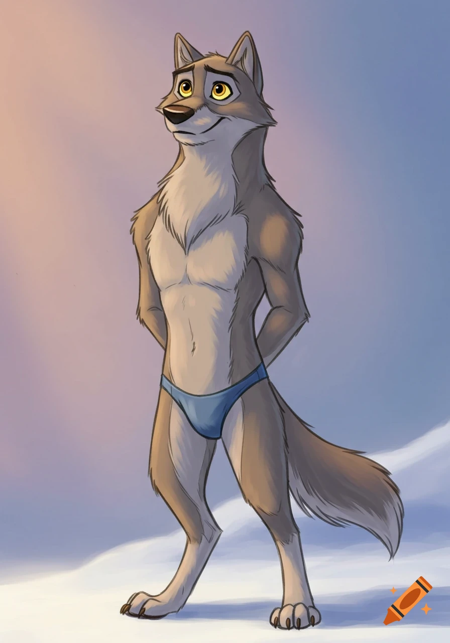 An anthropomorphic wolf-dog, Balto, stands in a blue speedo, rendered in an Amblimation drawing style.