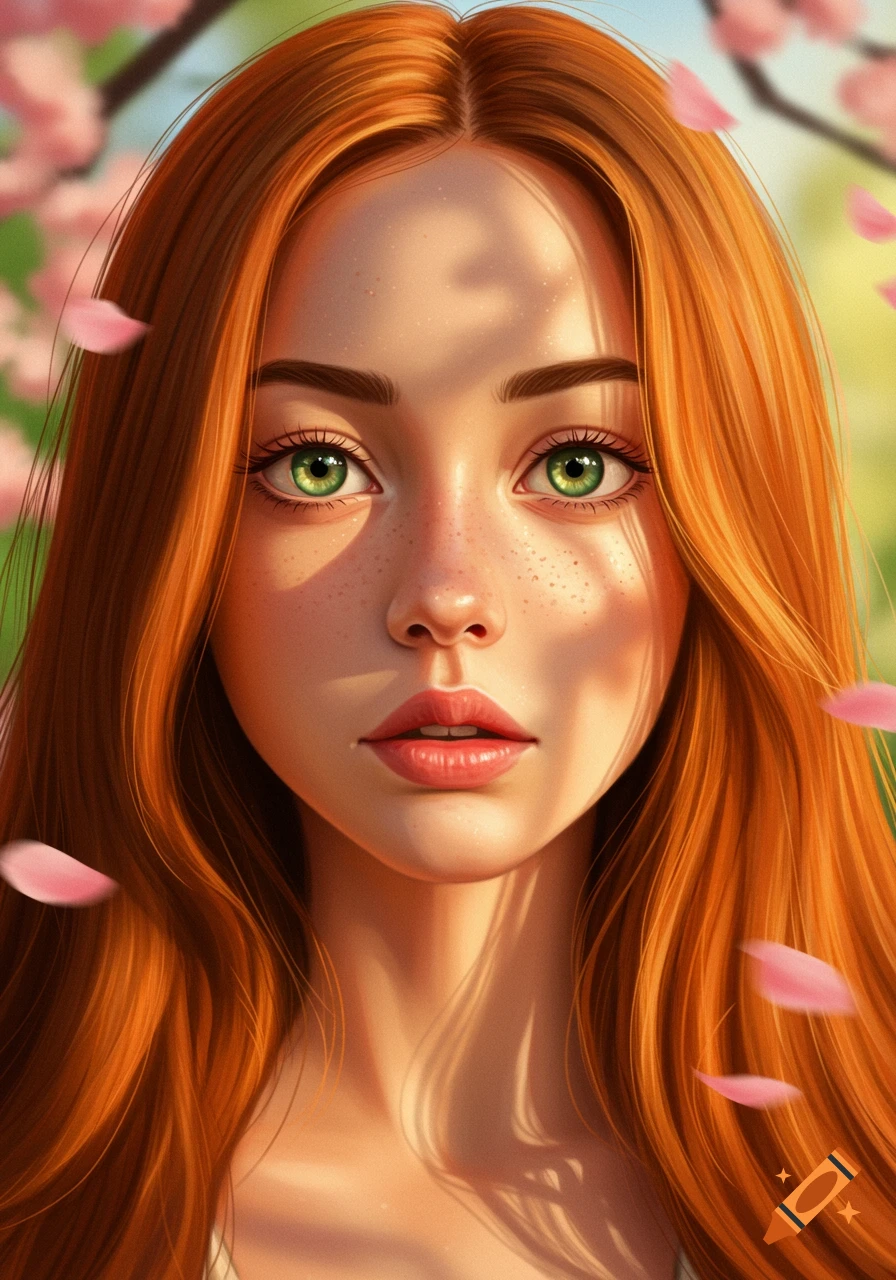 A close-up digital painting of a girl with long orange-red hair, pale skin, freckles, and vivid green eyes, with sunlight filtering through cherry blossoms.
