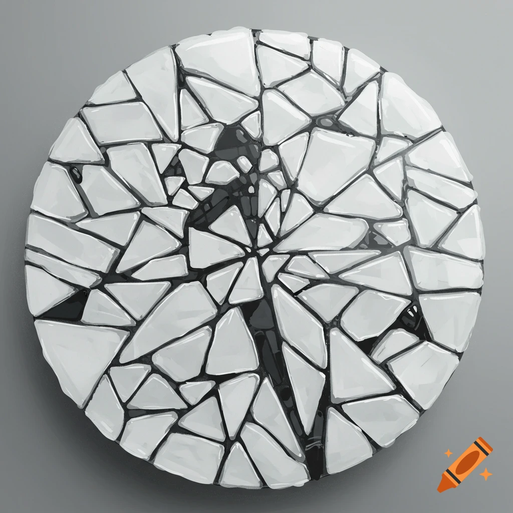 A circular mosaic art piece with irregular white and grey fragments creating a dark silhouette on a gray background.