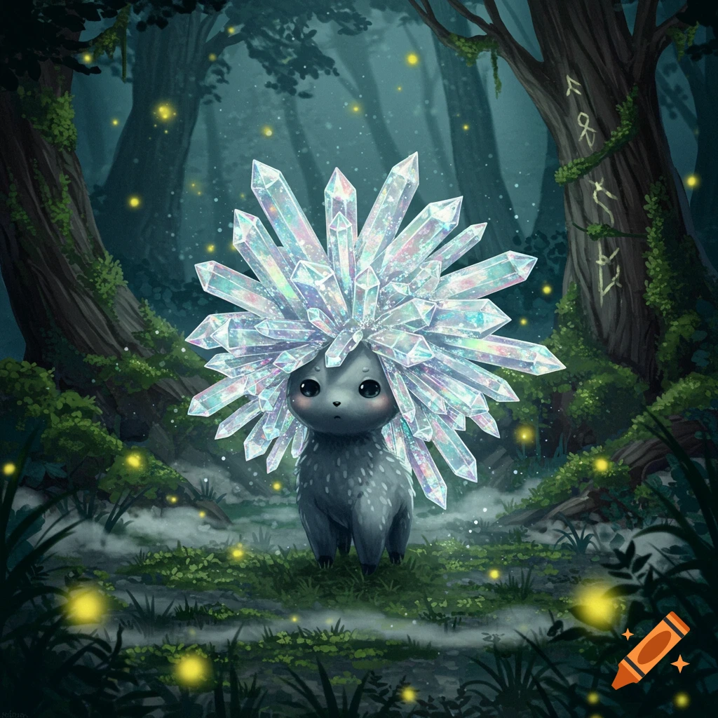 A cute, dark grey fantasy creature with large, sparkling, multi-colored crystal hair stands in a magical forest clearing with fireflies.