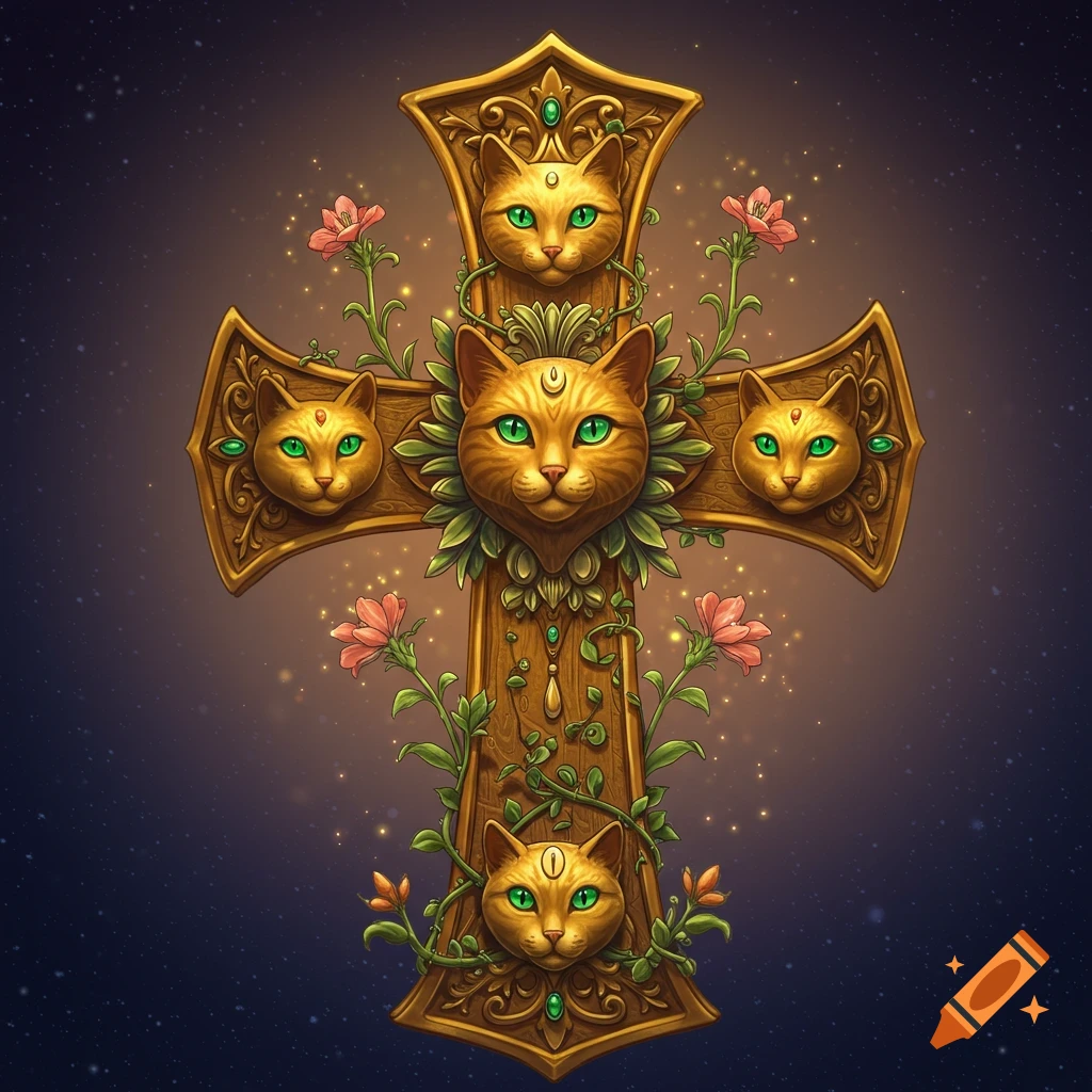 An ornate golden cross features multiple cat heads with glowing green eyes, intertwined with vines and flowers against a starry background.