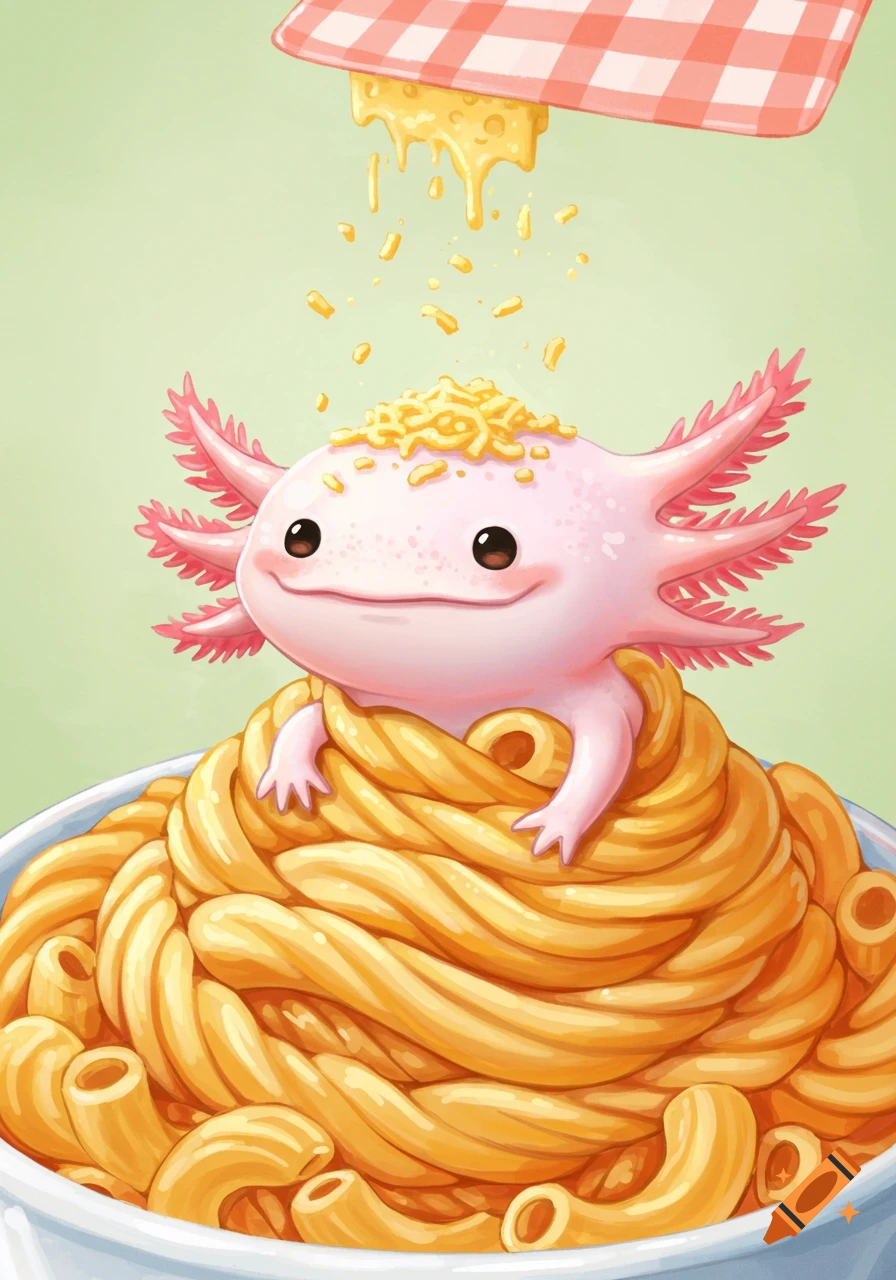 A cute pink axolotl happily sitting in a bowl of macaroni, being sprinkled with yellow cheese from above.