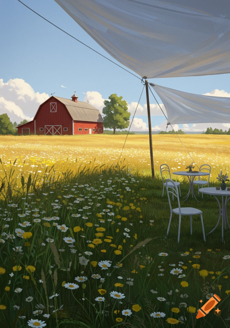 A picturesque illustration of a red barn in a field of wildflowers with a white shade covering outdoor chairs.
