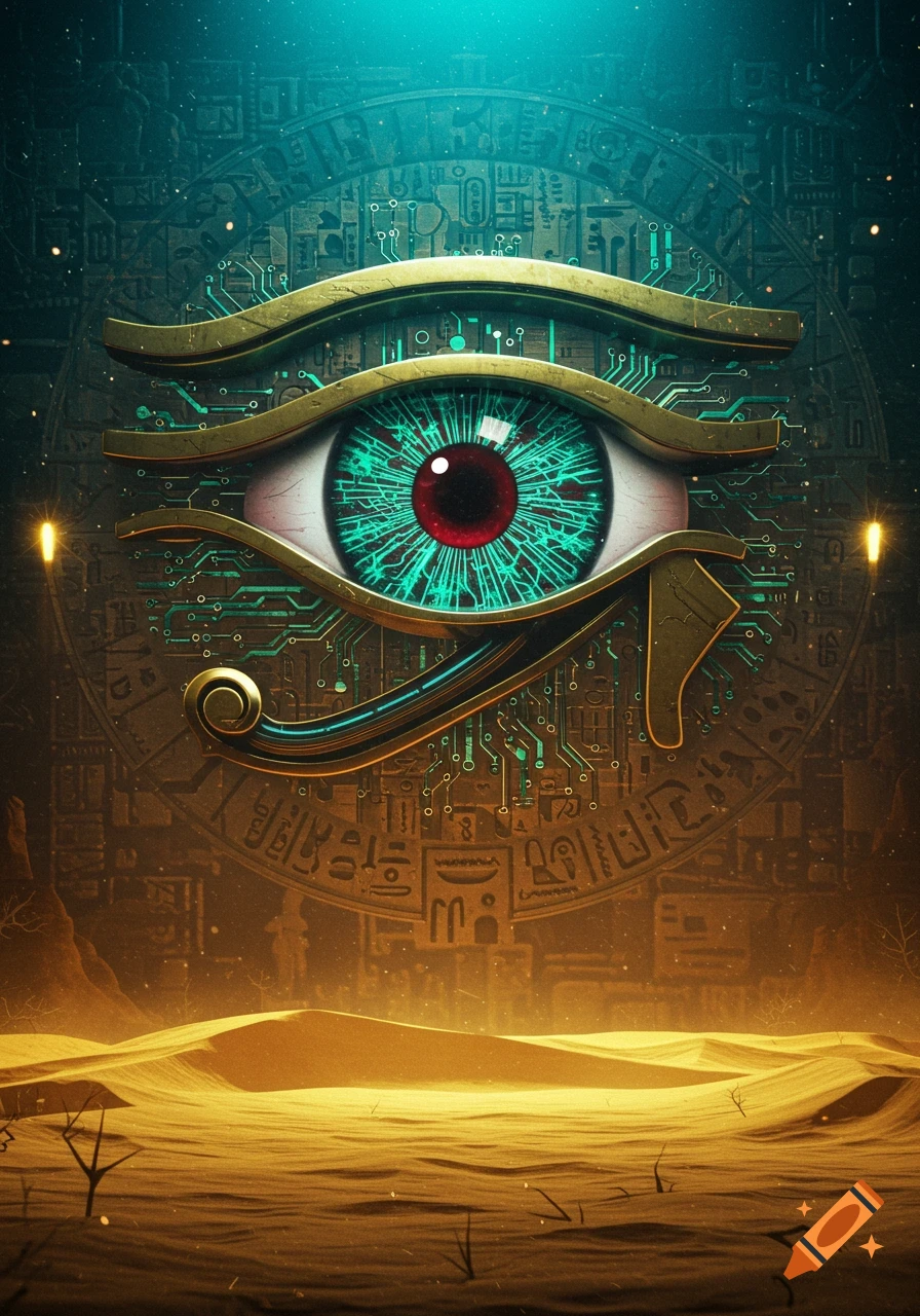 A vibrant bionic Eye of Ra, featuring circuit board details and a red pupil, set against a background of ancient hieroglyphs above golden desert dunes.