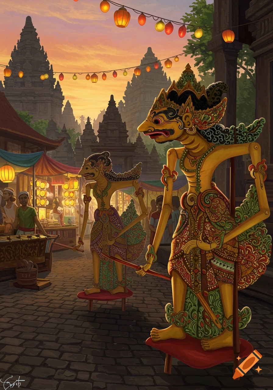 Illustration of two ornate Wayang puppets in a bustling market street at sunset, with traditional Indonesian temples and lanterns.