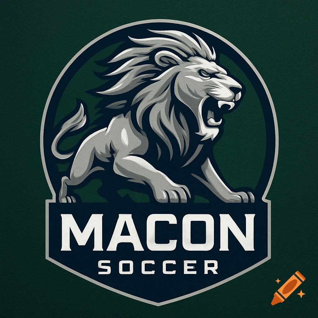 A sports logo featuring a stylized roaring lion in a shield design with "MACON SOCCER" text.