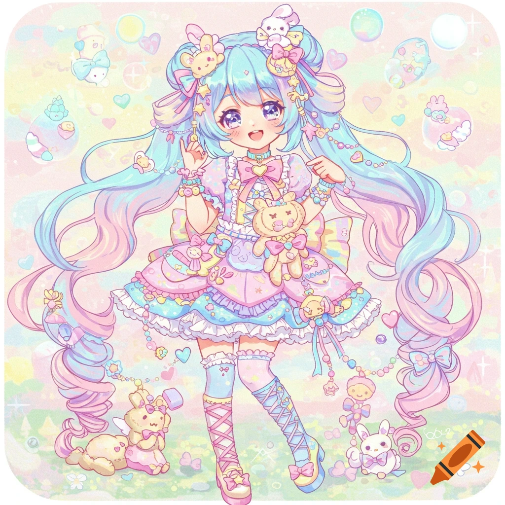 Cute anime girl with long, pastel rainbow hair, a pink dress, and whimsical accessories in a colorful art style.