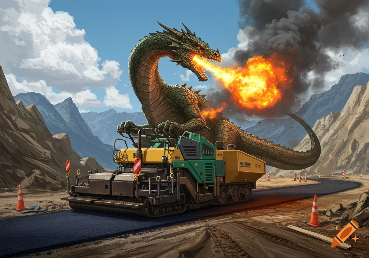 A green fire-breathing dragon sits atop a yellow and green asphalt paver, on a newly paved road in a mountainous landscape.