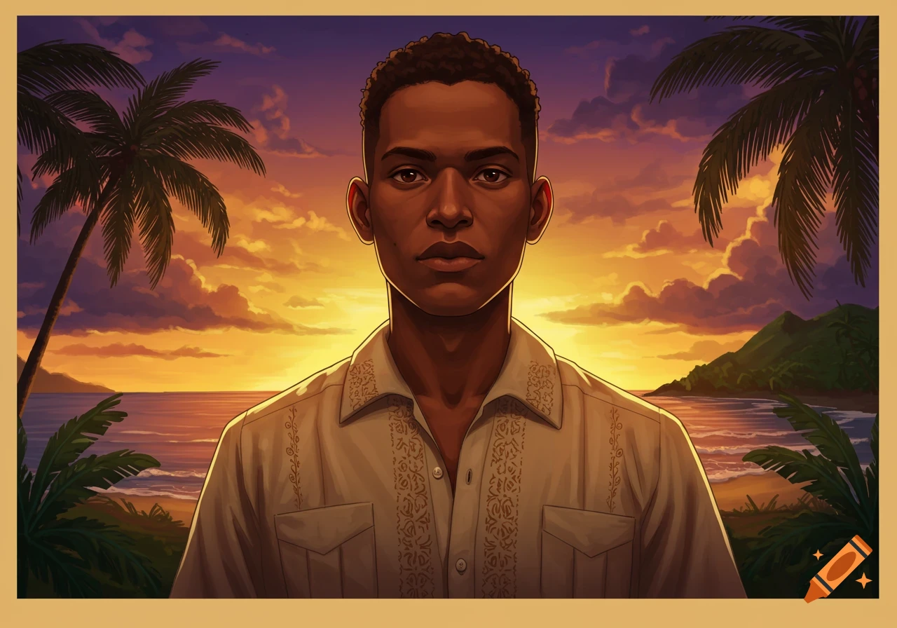 Portrait of a young man with dark skin, wearing an embroidered shirt, against a vibrant tropical sunset with palm trees.