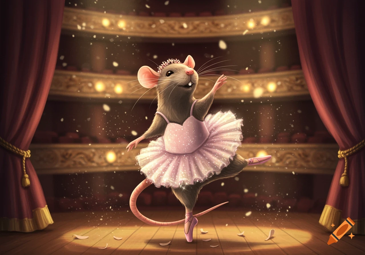 A charming rat ballerina wearing a pink tutu and tiara dances on a spotlighted stage.