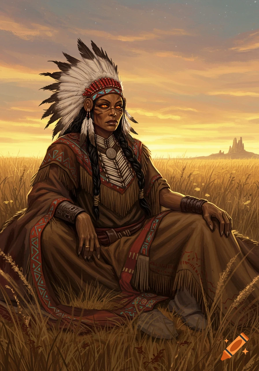 Illustrated portrait of a woman in a large feathered headdress and traditional brown attire, sitting in a golden field at sunset.