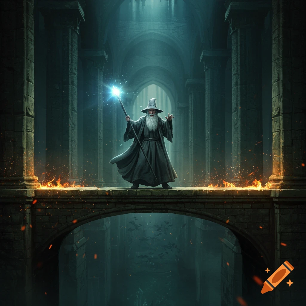 A grey-bearded wizard in a long dark robe holds a glowing staff on a stone bridge with fires, in a dark, vaulted hall.