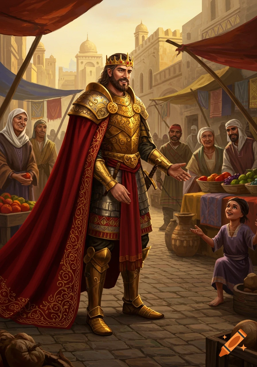 A king in golden armor and a red cape stands in a bustling marketplace, interacting with a small child.