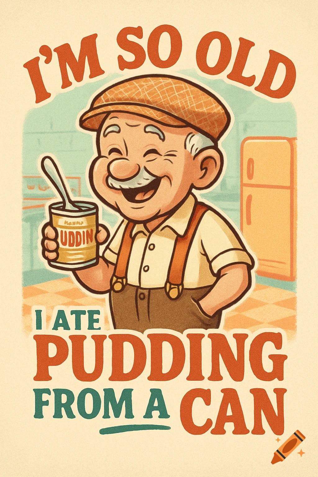 Cartoon illustration of a smiling old man holding a can of pudding. Text reads: "I'M SO OLD I ATE PUDDING FROM A CAN".