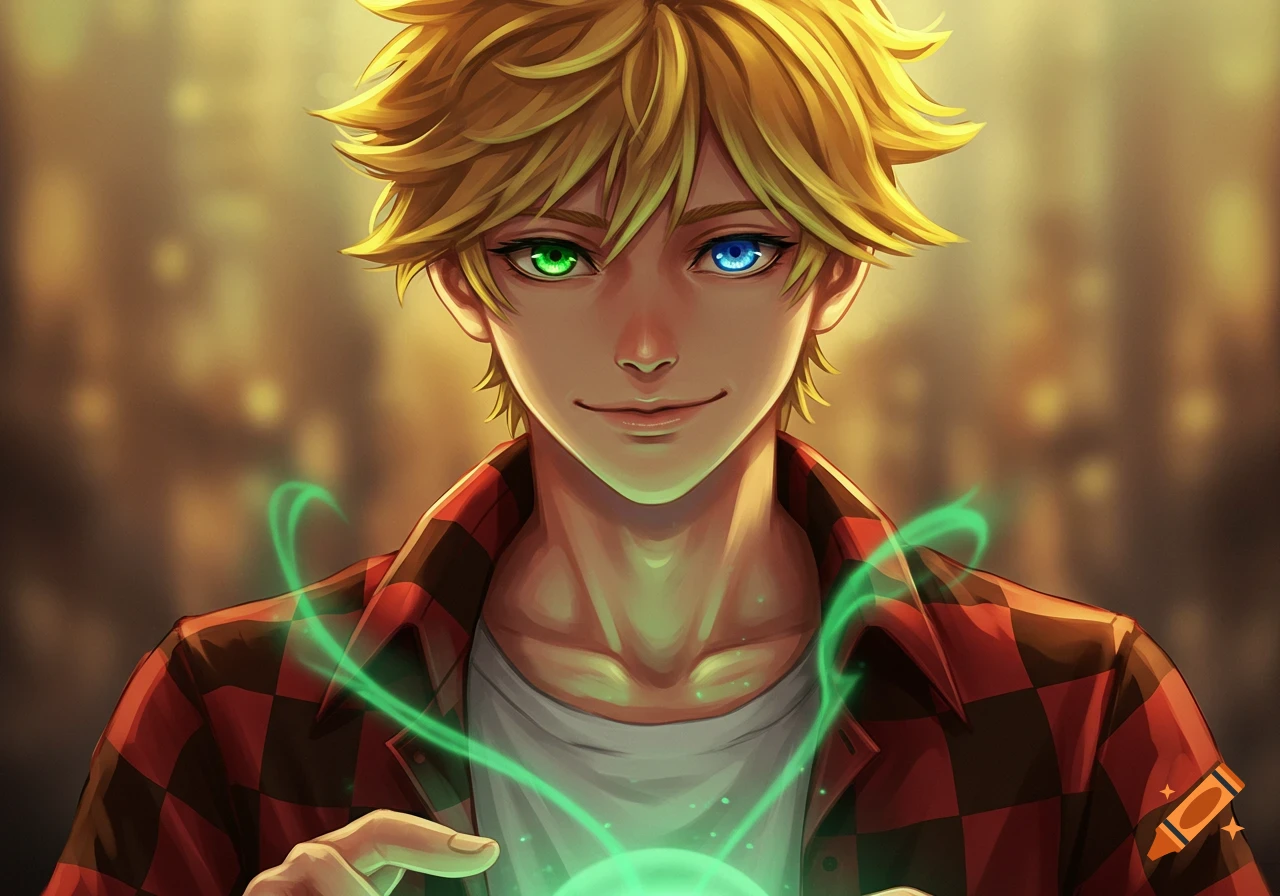 A male anime character with heterochromatic eyes and golden hair, smiling and holding a glowing green orb in an anime art style.