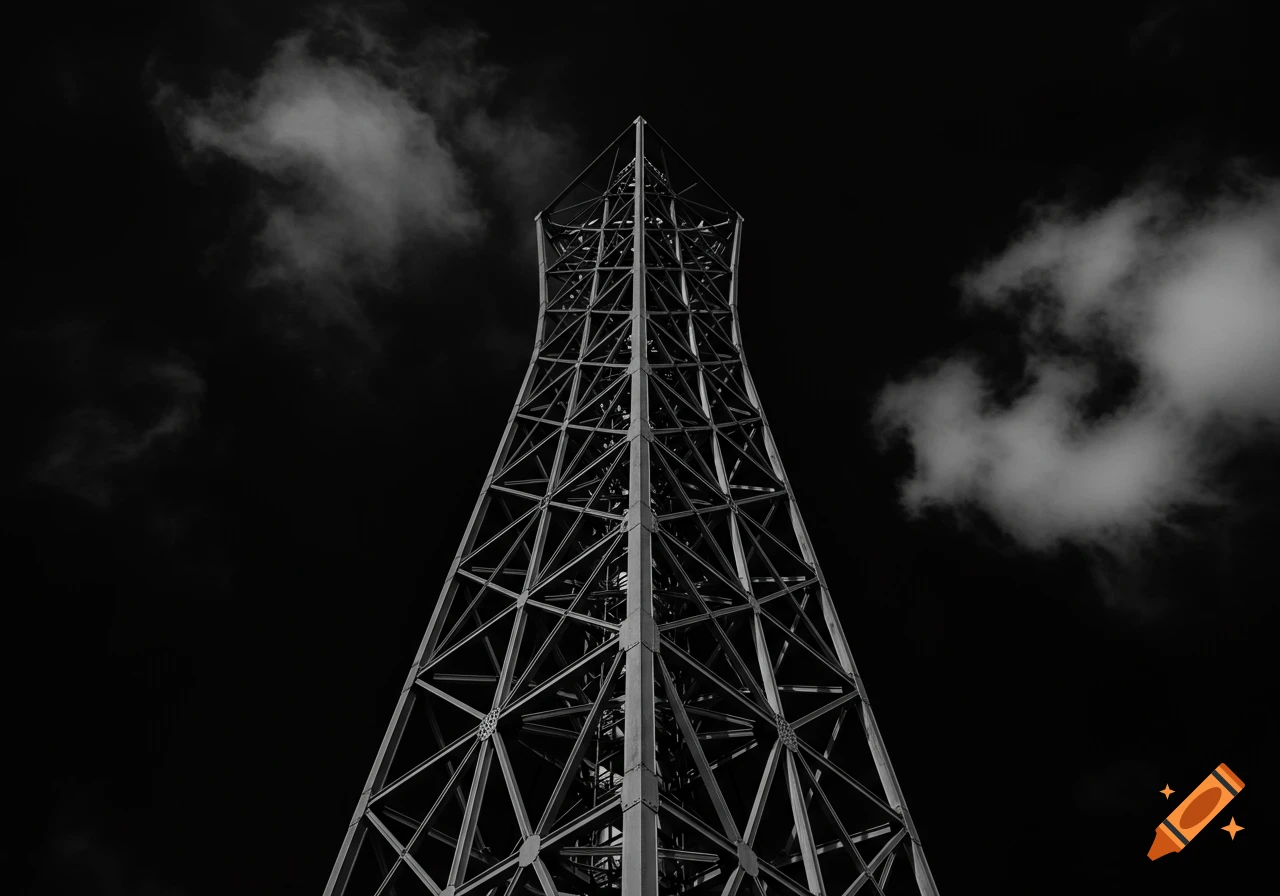 A black-and-white low-angle photo of a futuristic, geometric industrial tower with triangular framing against a dark sky.