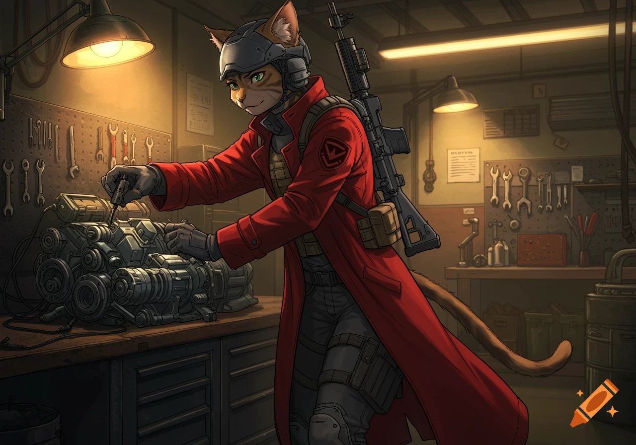 An anime catgirl in a red duster coat and combat gear works on an engine in a dimly lit garage workshop.