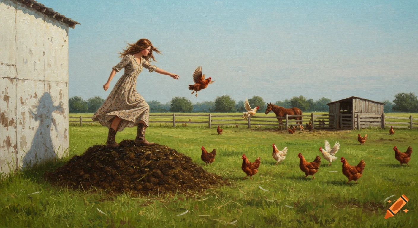 Oil painting of a woman in a dress and boots standing on a manure pile, reaching for a chicken, on a rural farm with other chickens, a horse, and a barn.