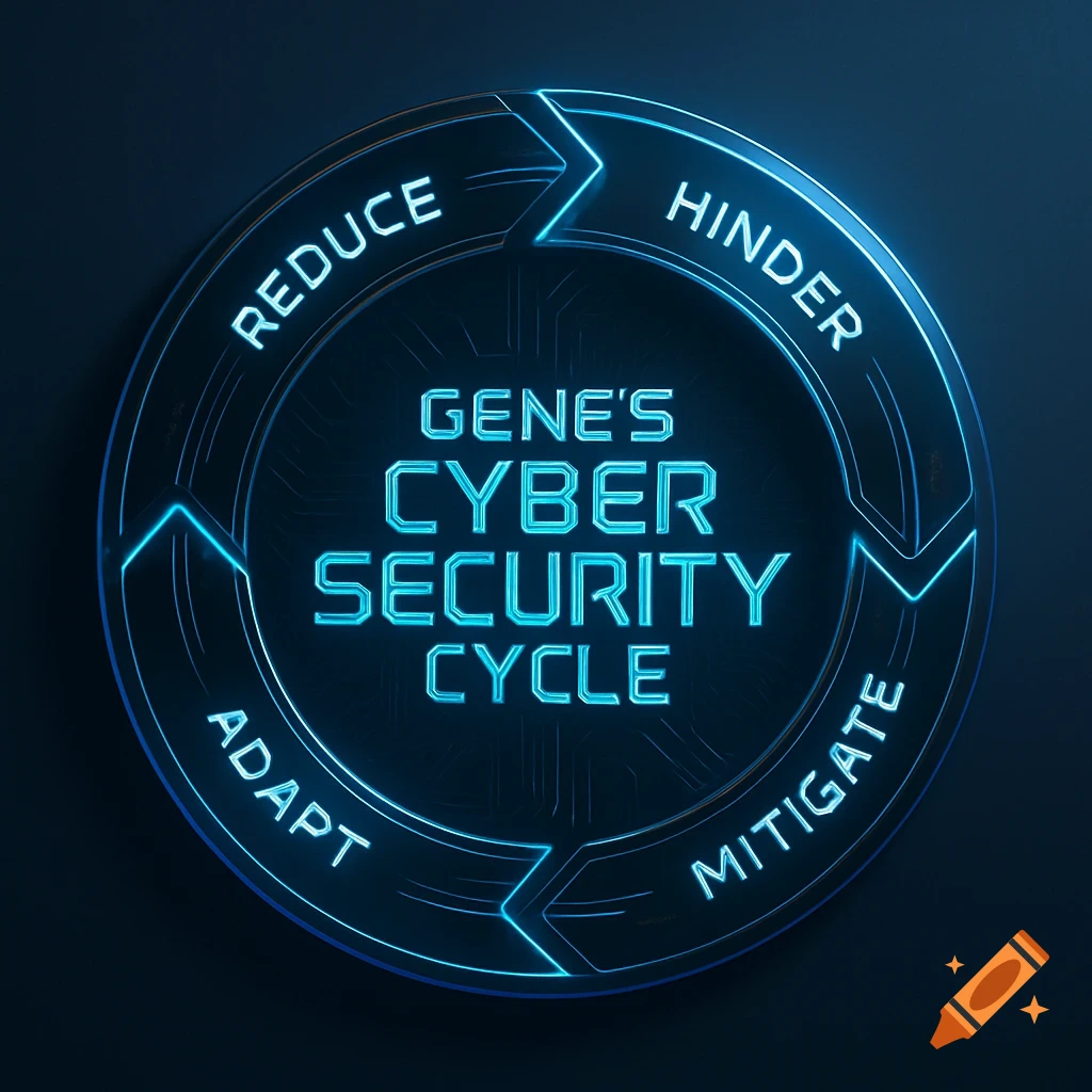 A neon blue circular diagram titled 'Gene's Cyber Security Cycle' with points 'Reduce', 'Hinder', 'Mitigate', 'Adapt'.