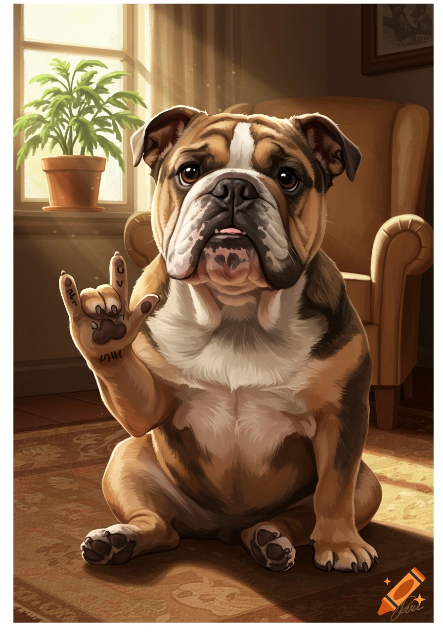 An illustrated bulldog sits indoors, raising its paw in the 'I love you' sign. Sunlight streams in from a window behind it.