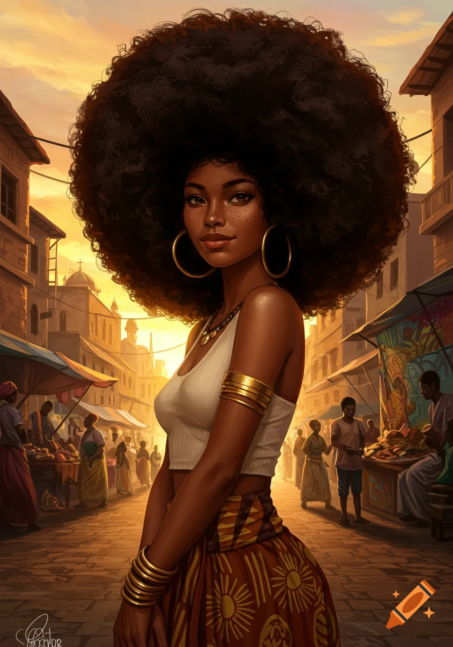 Digital art portrait of a Black woman with a large afro, gold hoops, and bangles, standing in a vibrant market street at sunset.