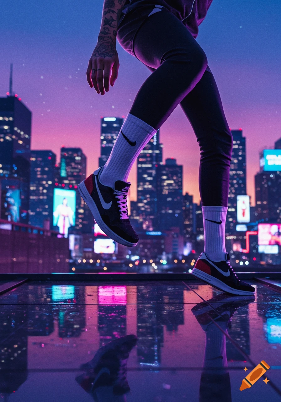Person in Nike socks and sneakers walking on a reflective surface against a vibrant purple and blue city skyline at dusk.
