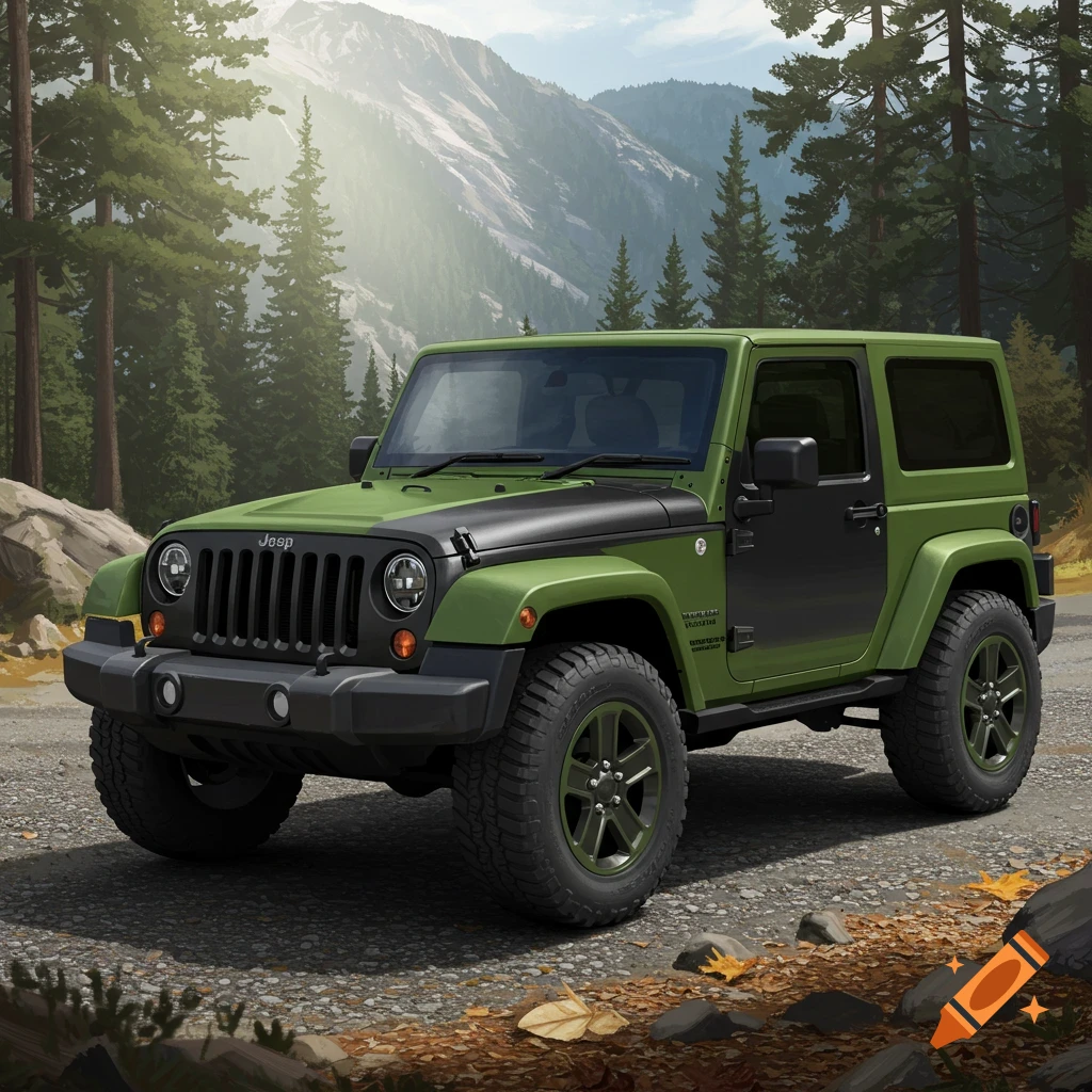 A green and black Jeep Wrangler parked on a dirt road in a mountainous forest with pine trees and sunlight.
