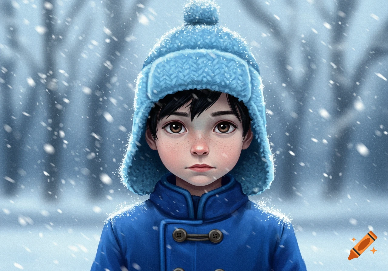 A stylized illustration of a young boy with dark hair and brown eyes, wearing a blue earflapped hat and blue coat, standing in falling snow.