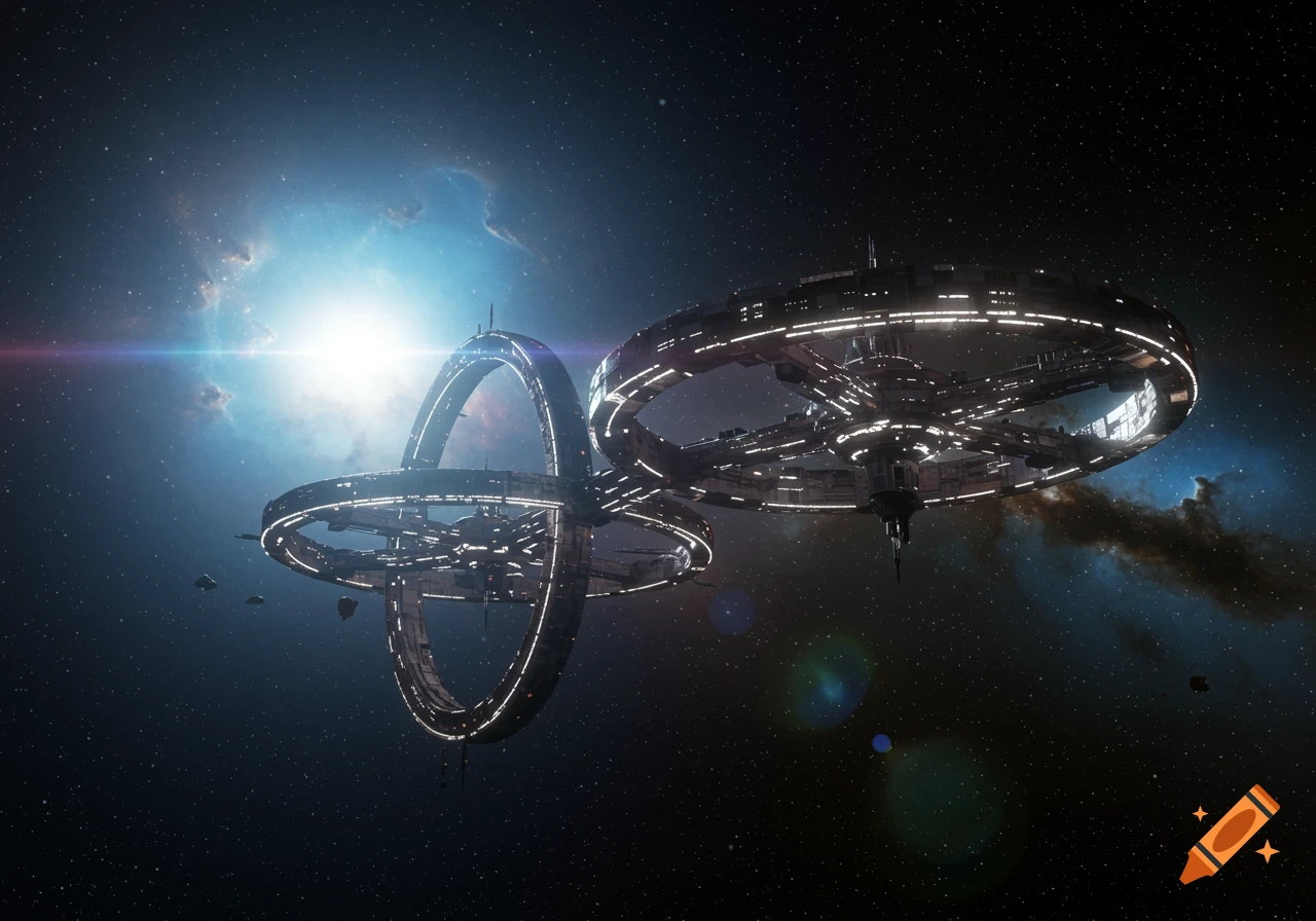 A large, futuristic space station with two interlocking rings, illuminated by a bright star and nebula in the depths of space.