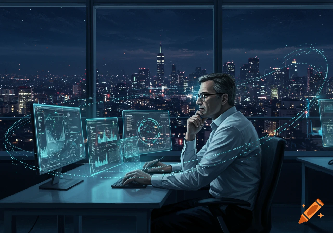A man works intently on multiple glowing computer screens displaying data and graphs in a modern office overlooking a city skyline at night.