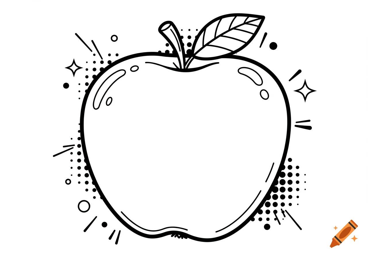 Black and white line art drawing of a large apple in pop art style, surrounded by dots and starbursts.