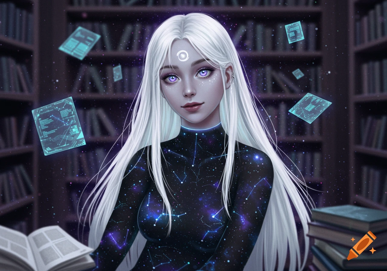 Digital art of an ethereal girl with white hair and galaxy eyes in a cosmic library surrounded by floating holographic screens.