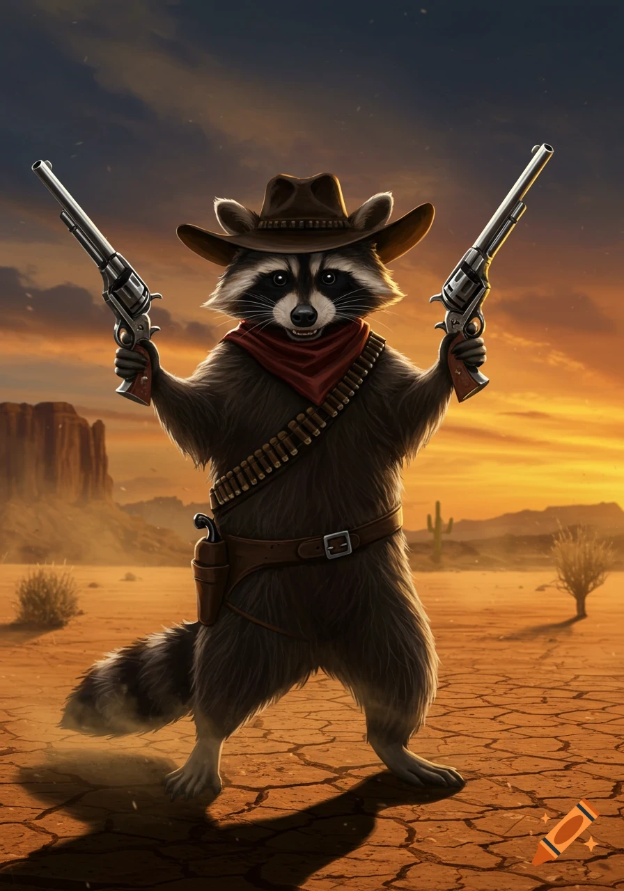 A digitally painted anthropomorphic raccoon dressed as a cowboy, holding two revolvers, stands in a desert at sunset.