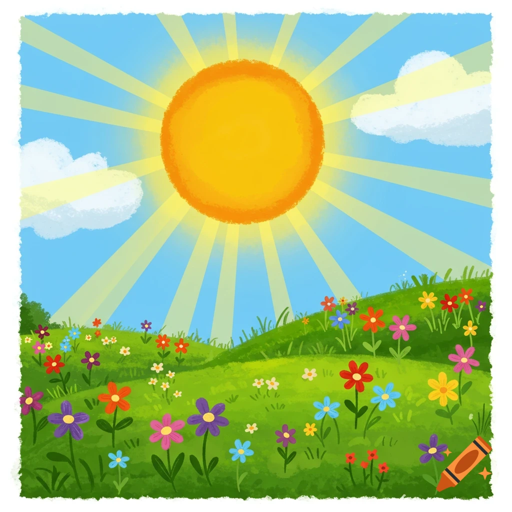 A bright yellow sun with rays over a green meadow filled with colorful flowers under a blue sky with clouds, in a children's book style.