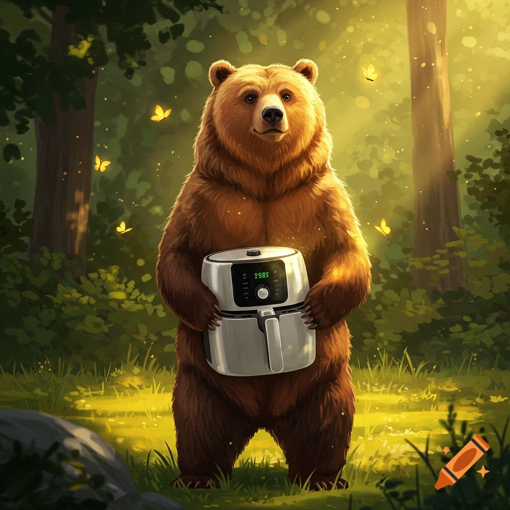 A large brown bear stands in a sunlit forest, holding a silver air fryer. Yellow butterflies flit around.