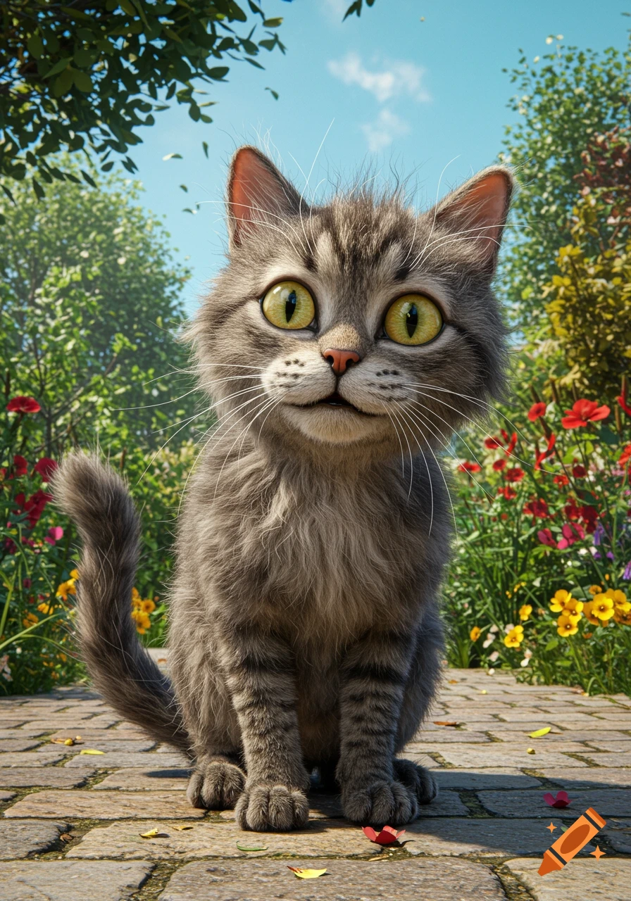 A fluffy gray cat with big yellow eyes sits on a stone path in a colorful garden with trees and flowers.