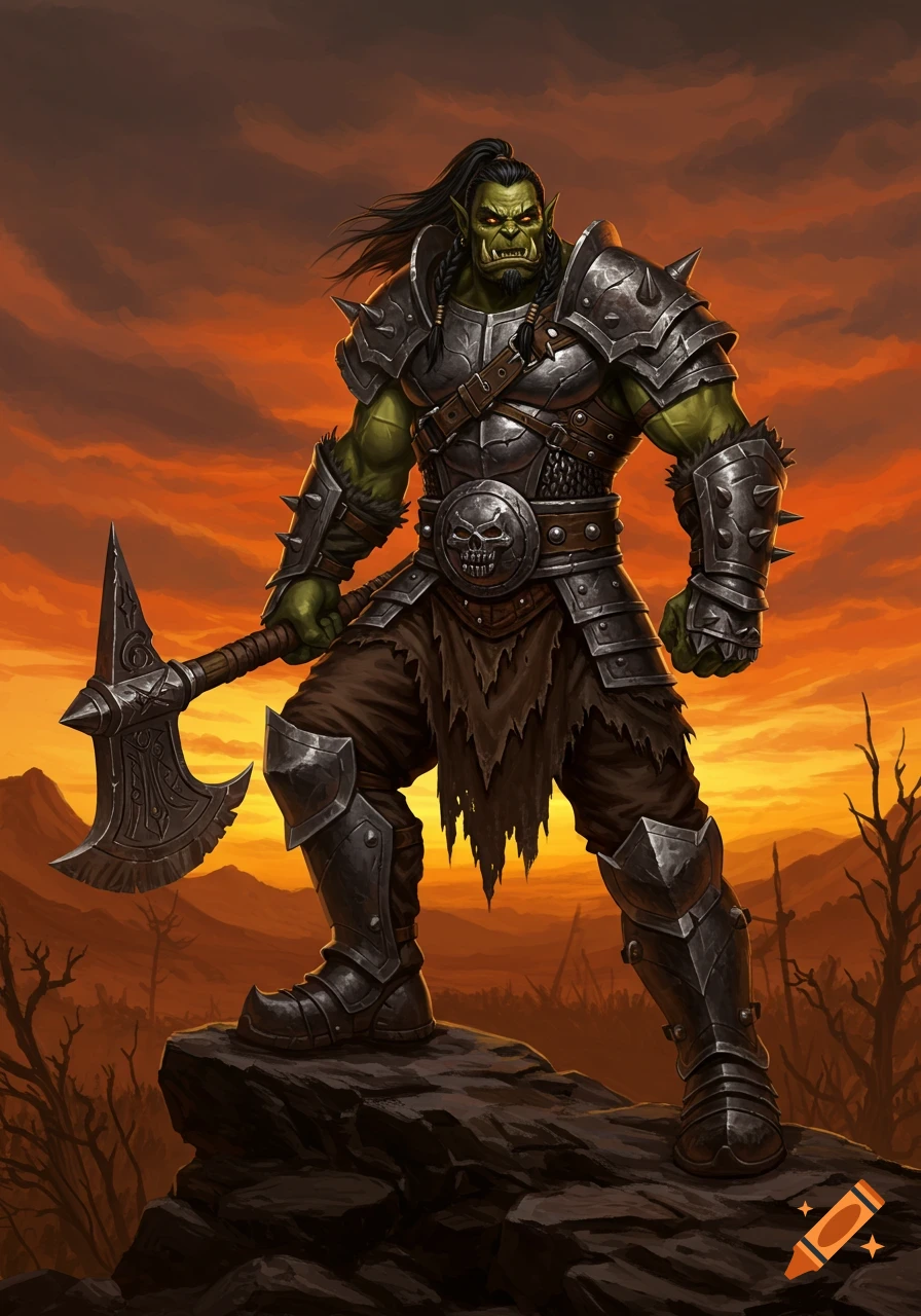 A powerful green-skinned orc barbarian in spiky armor stands on a rock, holding a large axe, against an orange sunset.