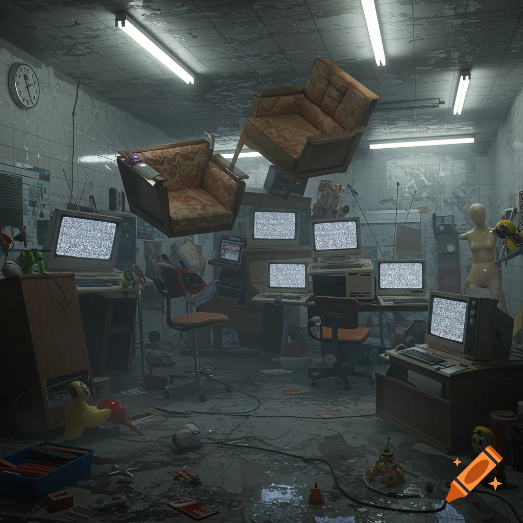 A cluttered, dirty room with two armchairs floating above tables with multiple static-filled CRT monitors, old computers, wires, and debris.