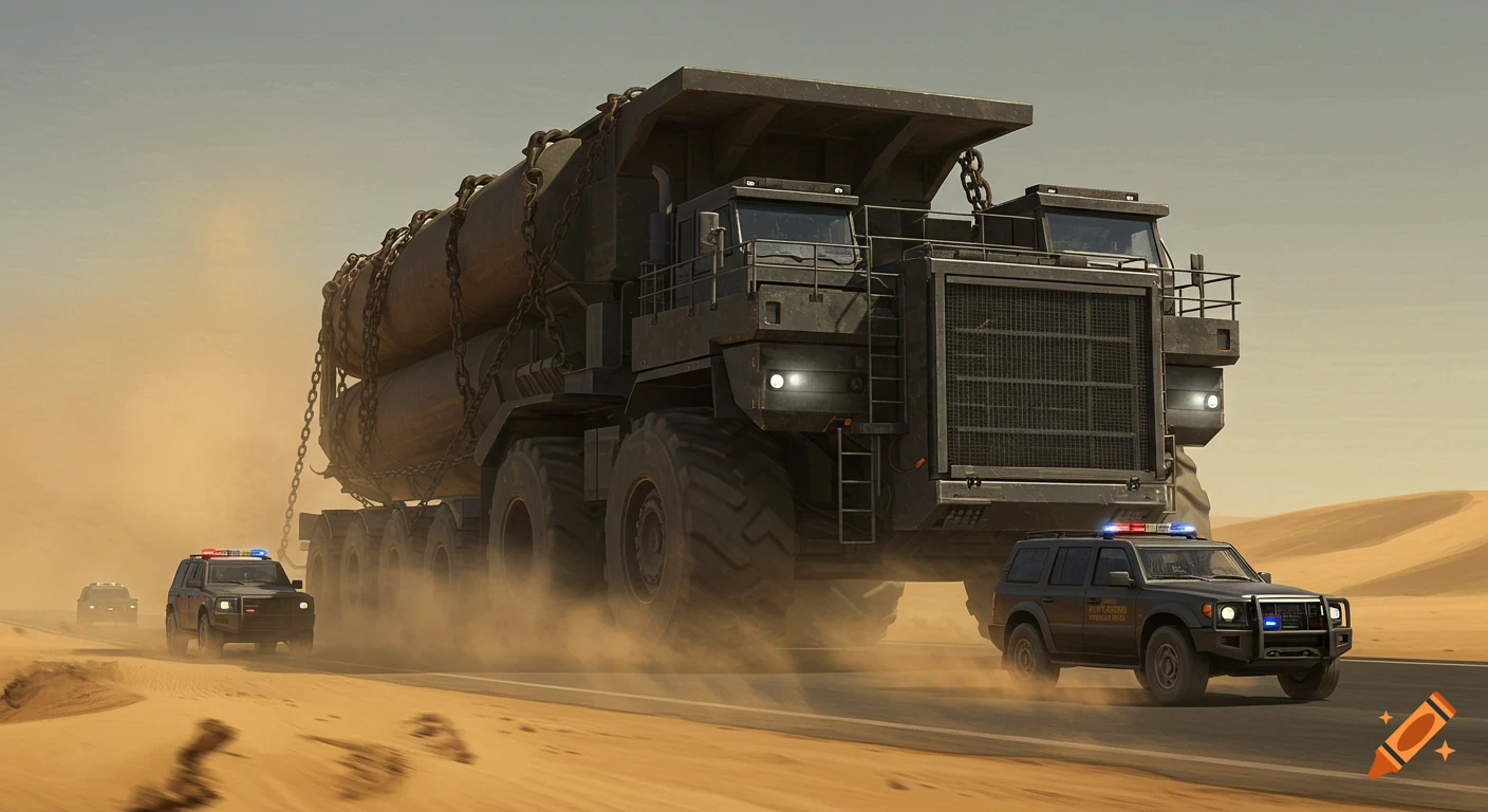 A huge, heavy-duty truck carrying a large load of cylinders, escorted by two police SUVs, drives through a dusty desert landscape.