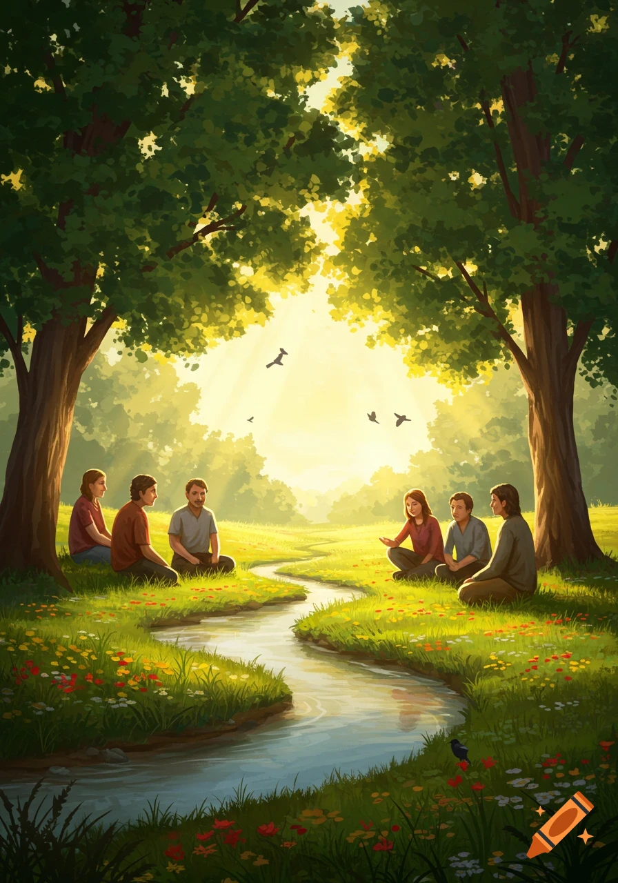 People sitting in a lush green field with a winding stream under large trees, bathed in sunlight with birds flying.