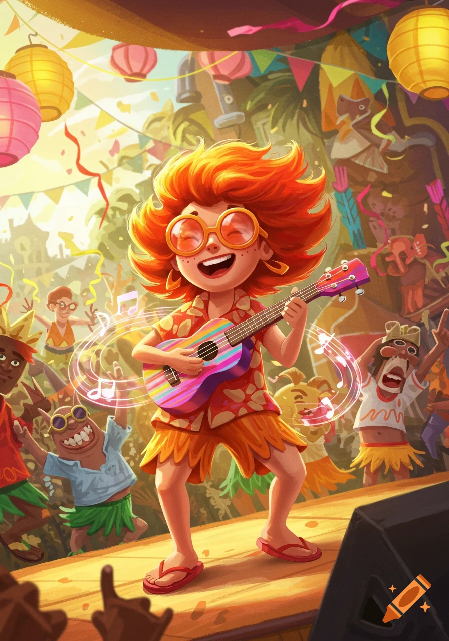 A cheerful red-haired cartoon girl happily plays a ukulele on stage at a vibrant, colorful festival with dancing crowds.