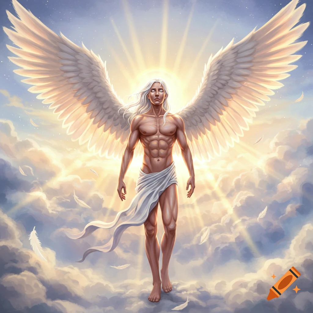 A majestic male angel with long white hair, muscular body, and large white wings stands in a bright, cloudy sky.