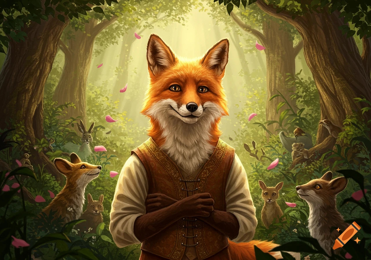 A smiling anthropomorphic fox in a vest stands in a magical forest with other animals and falling pink petals.
