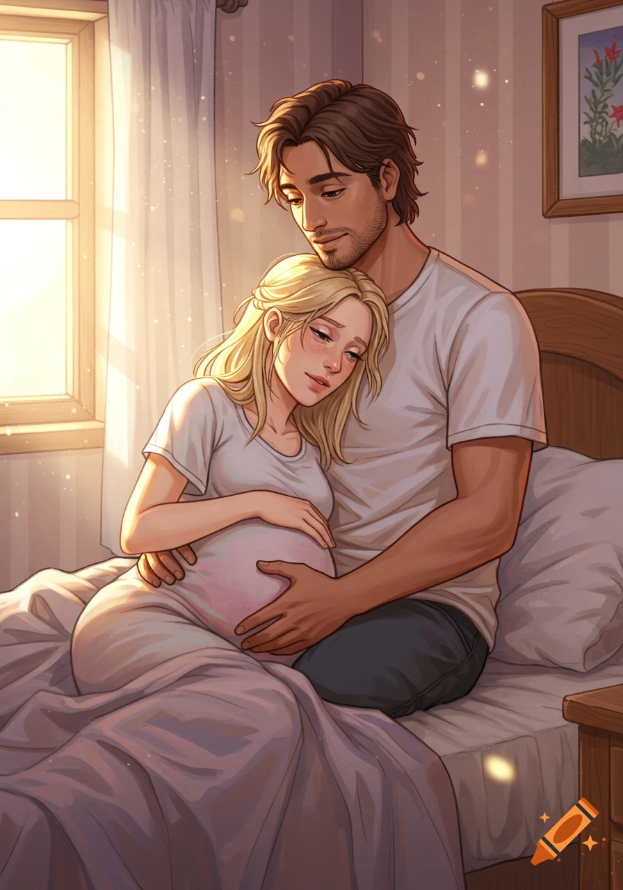 A man embraces a pregnant woman in a sunlit bedroom as they both hold her belly. Cartoonish illustration.