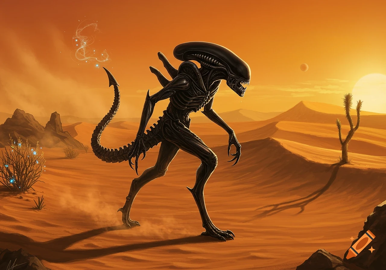 A detailed depiction of a dark, bipedal Xenomorph creature walking across a desolate orange desert under an alien sunset.