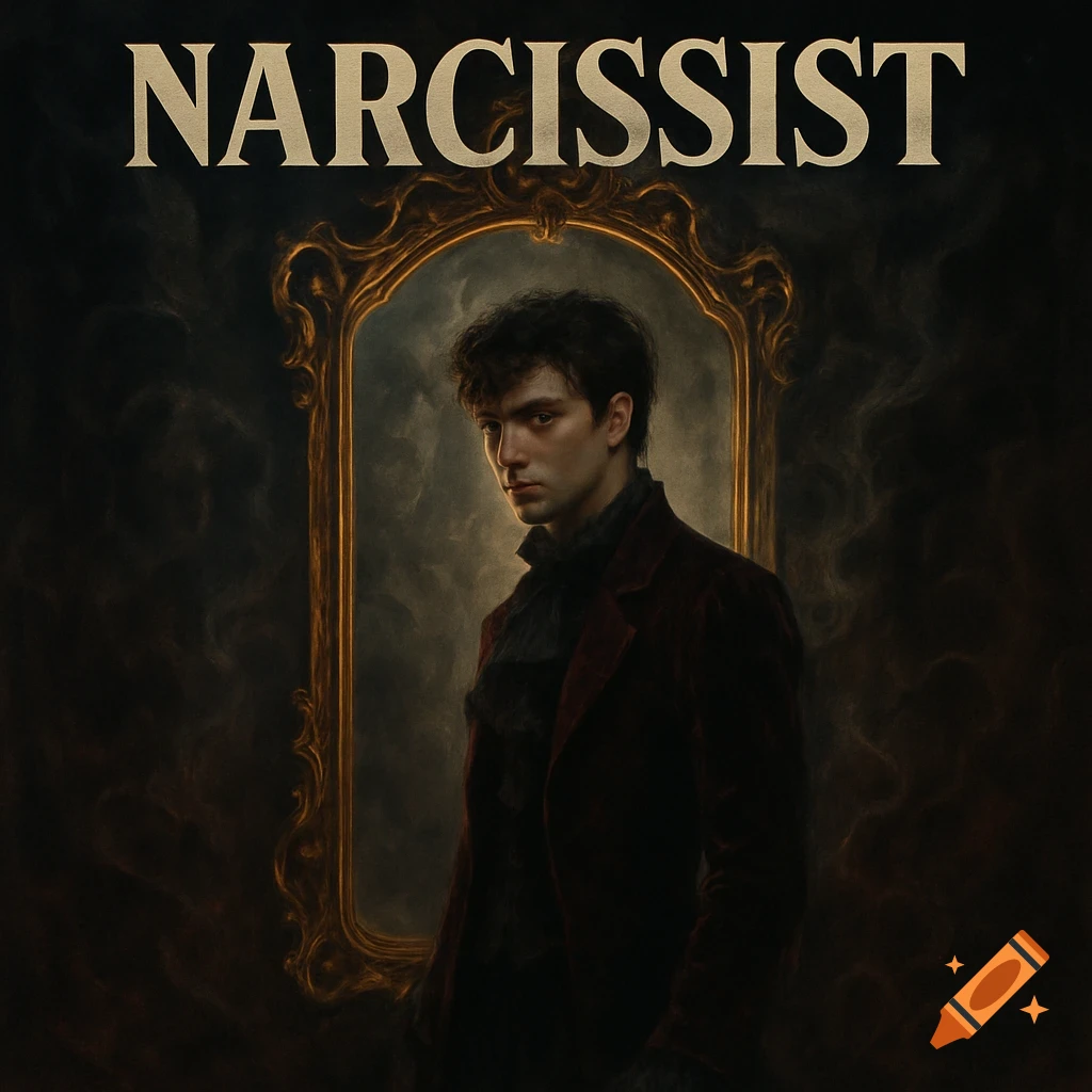 Dark, painterly portrait of a man in a red jacket by an ornate mirror. The word NARCISSIST is above him.